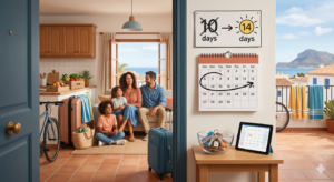 Familia en una vivienda de Dénia con calendario que muestra una reserva de más de 10 días